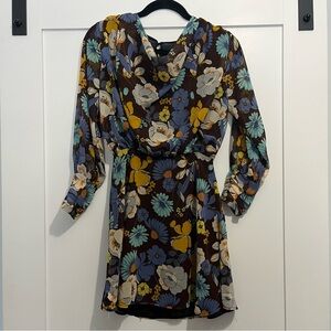 Zara NWT Brown Floral Flowy Scoop Neck Long Sleeve Mini Dress XS
